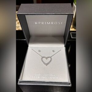 Sterling Silver Cubic Zirconia Heart Necklace and Stud Earring Set NEW